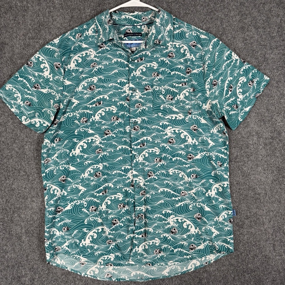 🌊 VSTR Shirt Mens Large Teal Wave Skull 4-Way Stretch Button Up Party Surf Camp